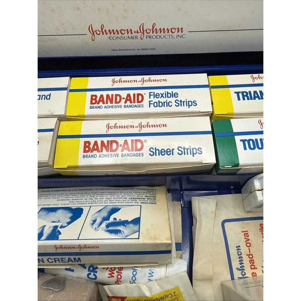 VTG Metal Johnson & Johnson First Aid Kit W/ Contents 8173 Cobalt Blue 13.5x9